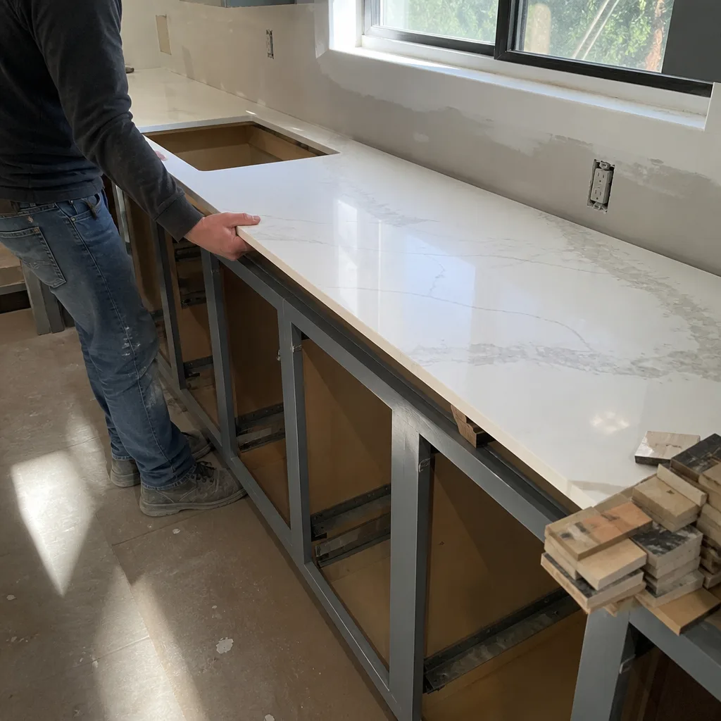 Contractor installing a white stone countertop during a kitchen remodeling project.