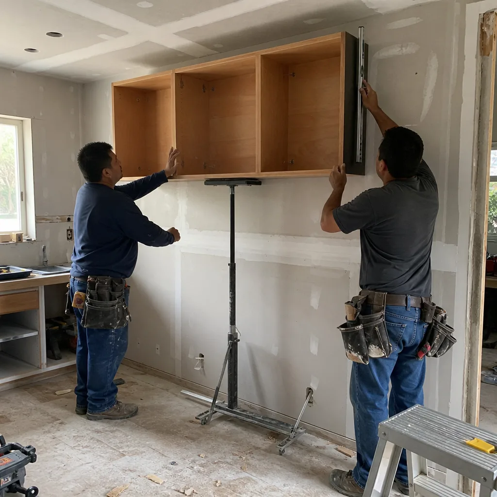 Two professional contractors installing upper kitchen cabinets during a home remodel