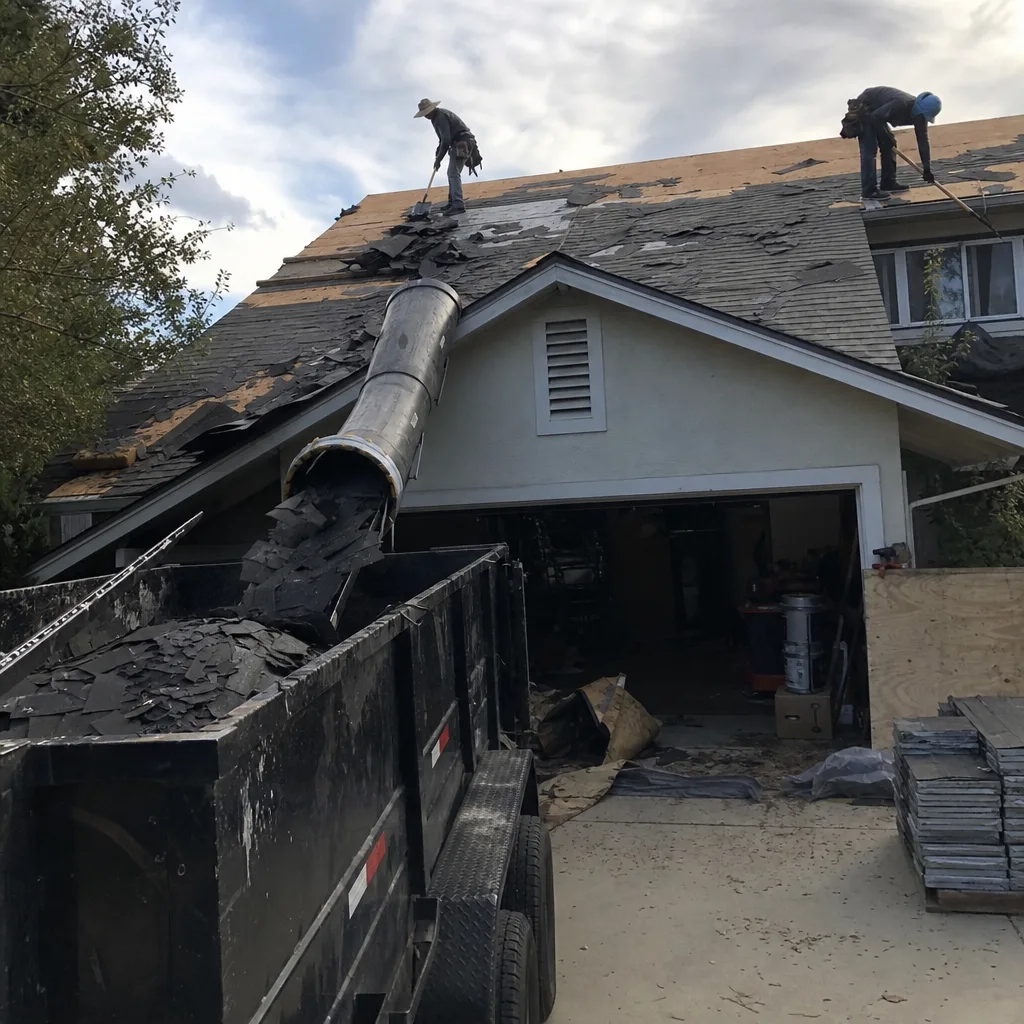 Roofers stripping shingles from a house roof into a debris trailer