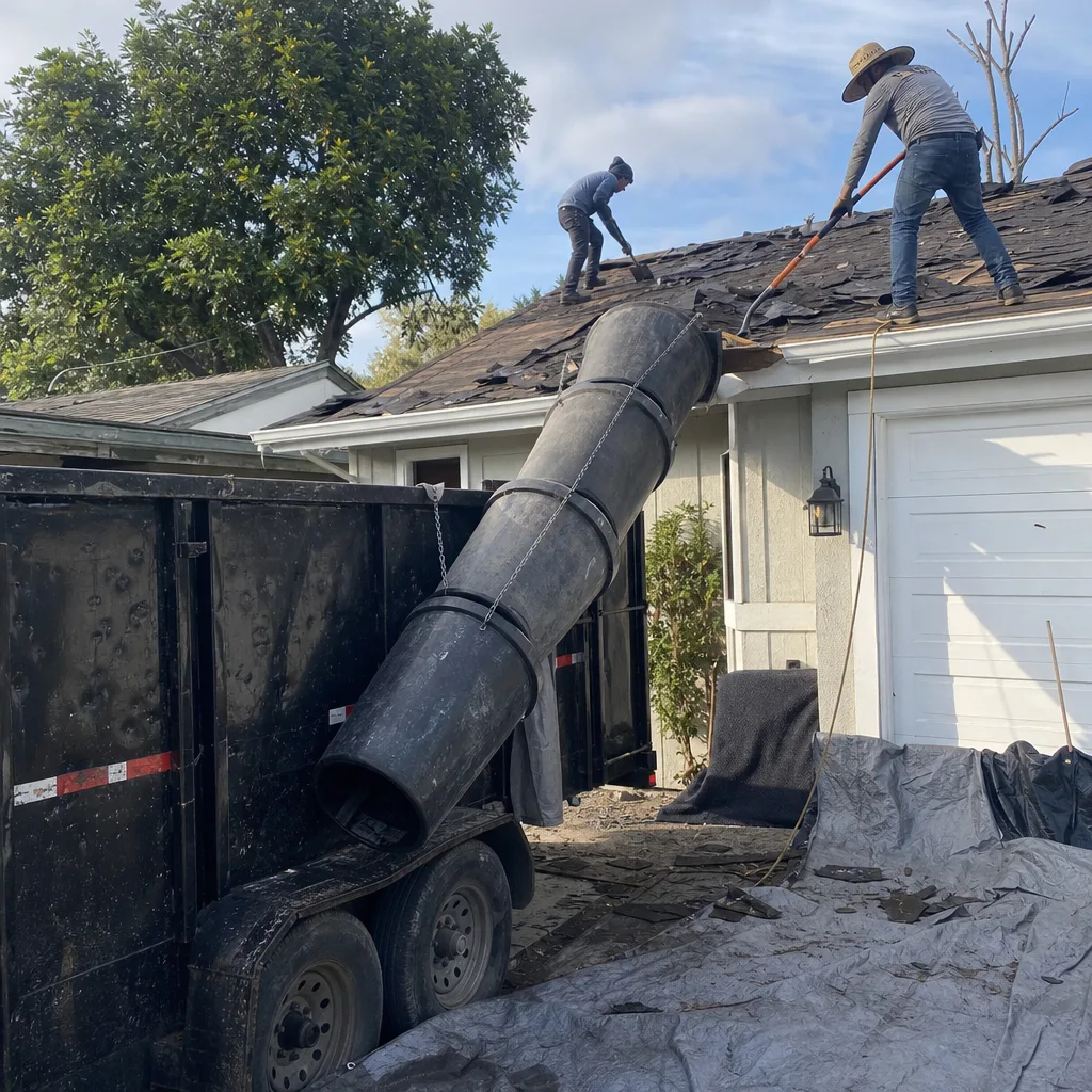 professional roofers removing old shingles into a disposal chute from a rooftop