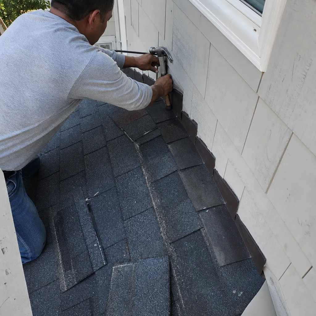 Professional roofer installing flashing on a residential roof