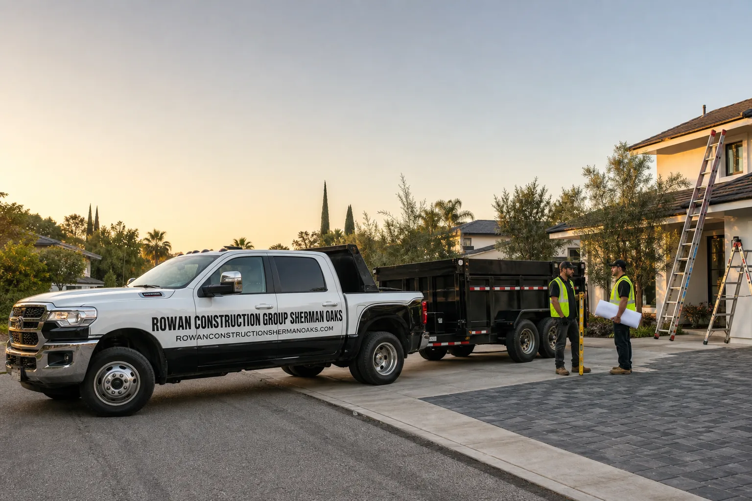 Rowan Construction Group Sherman Oaks construction service vehicle and crew in Sherman Oaks, CA